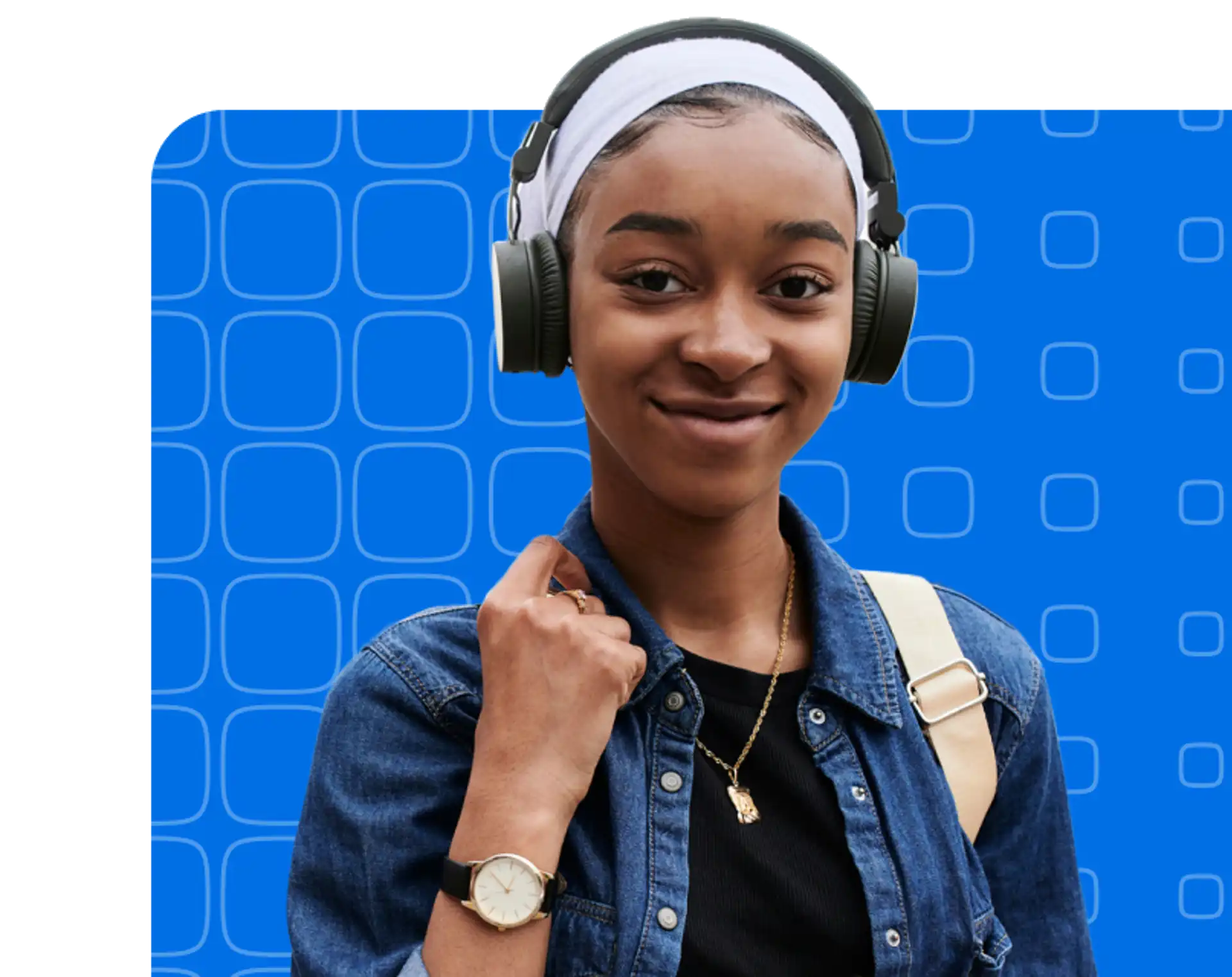 Girl wearing headphones wearing a shoulder bag