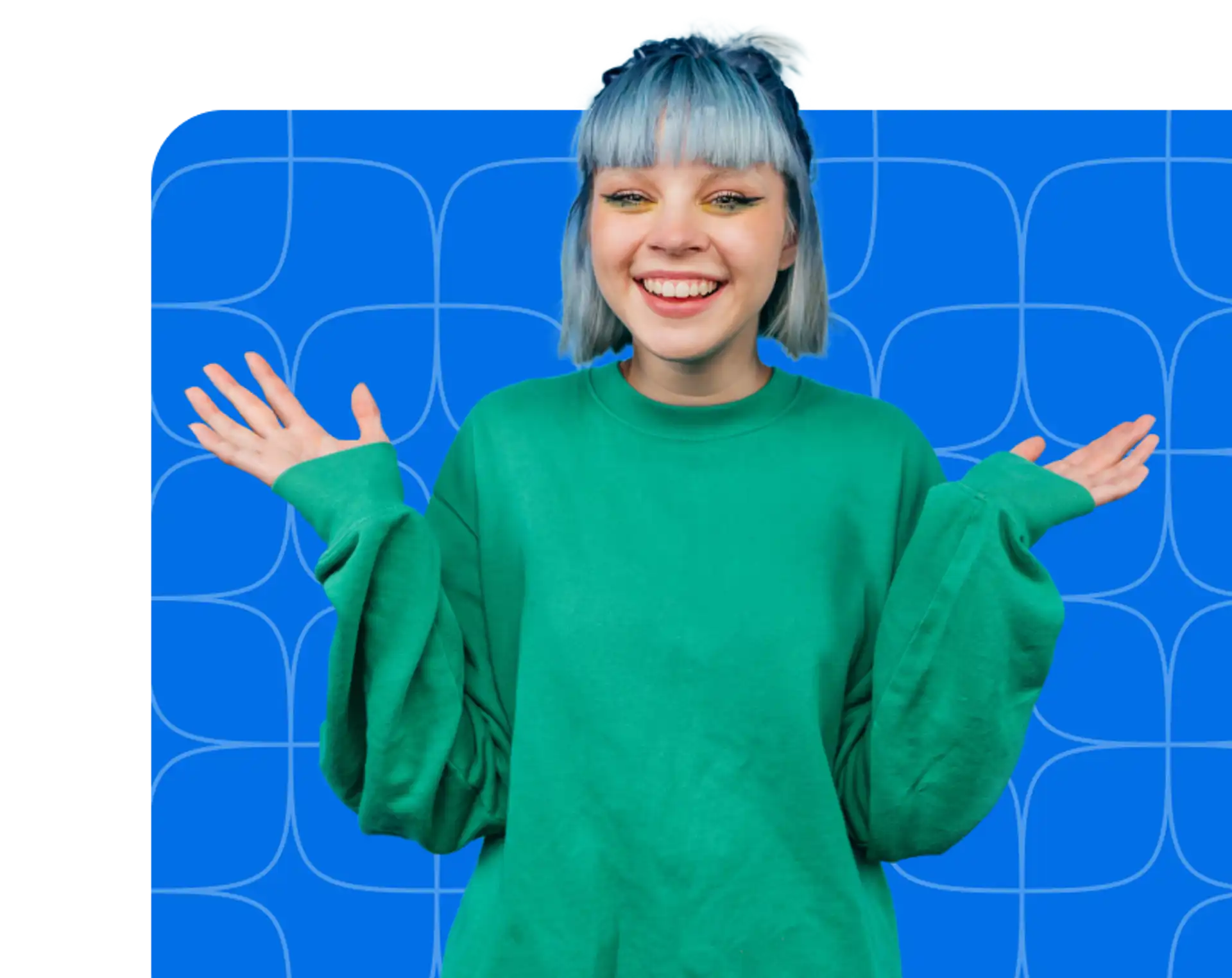 Young women with blue hair holding her hands out to her sides