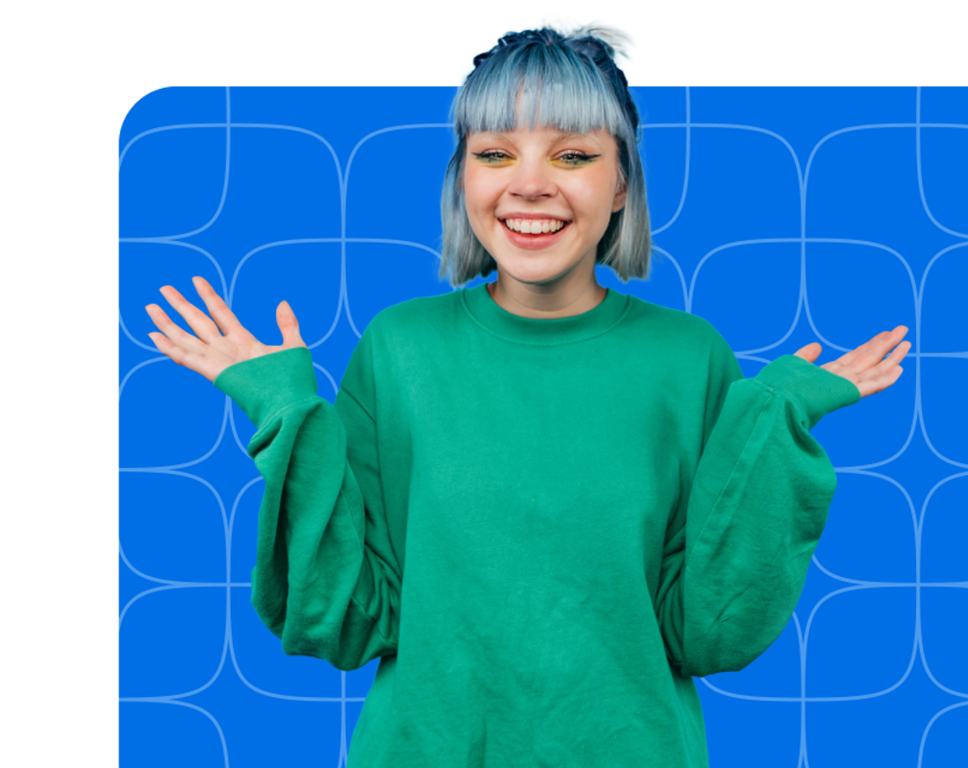 Young women with blue hair holding her hands out to her sides