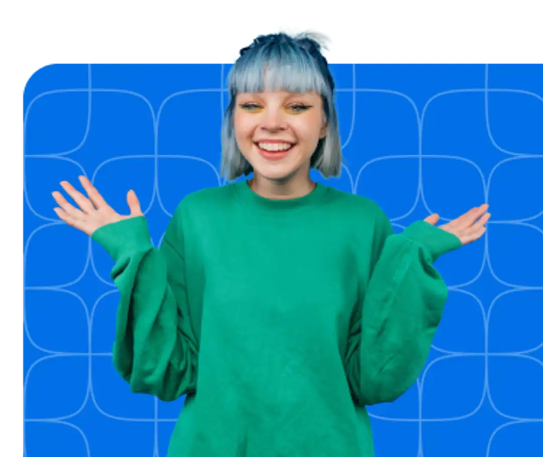 Young women with blue hair holding her hands out to her sides
