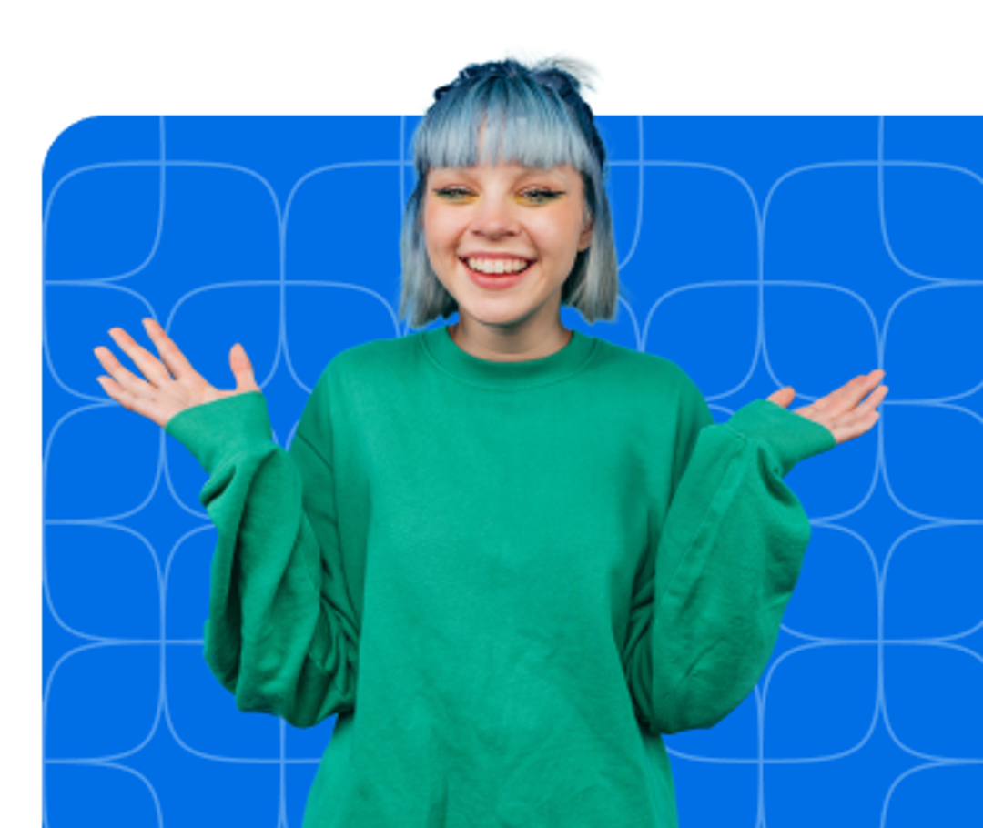 Young women with blue hair holding her hands out to her sides