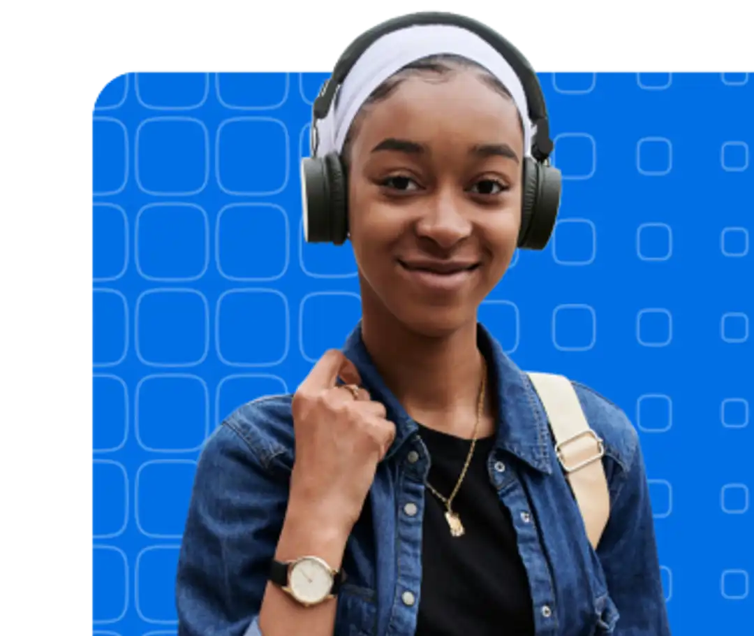 Girl wearing headphone holding a shoulder bag