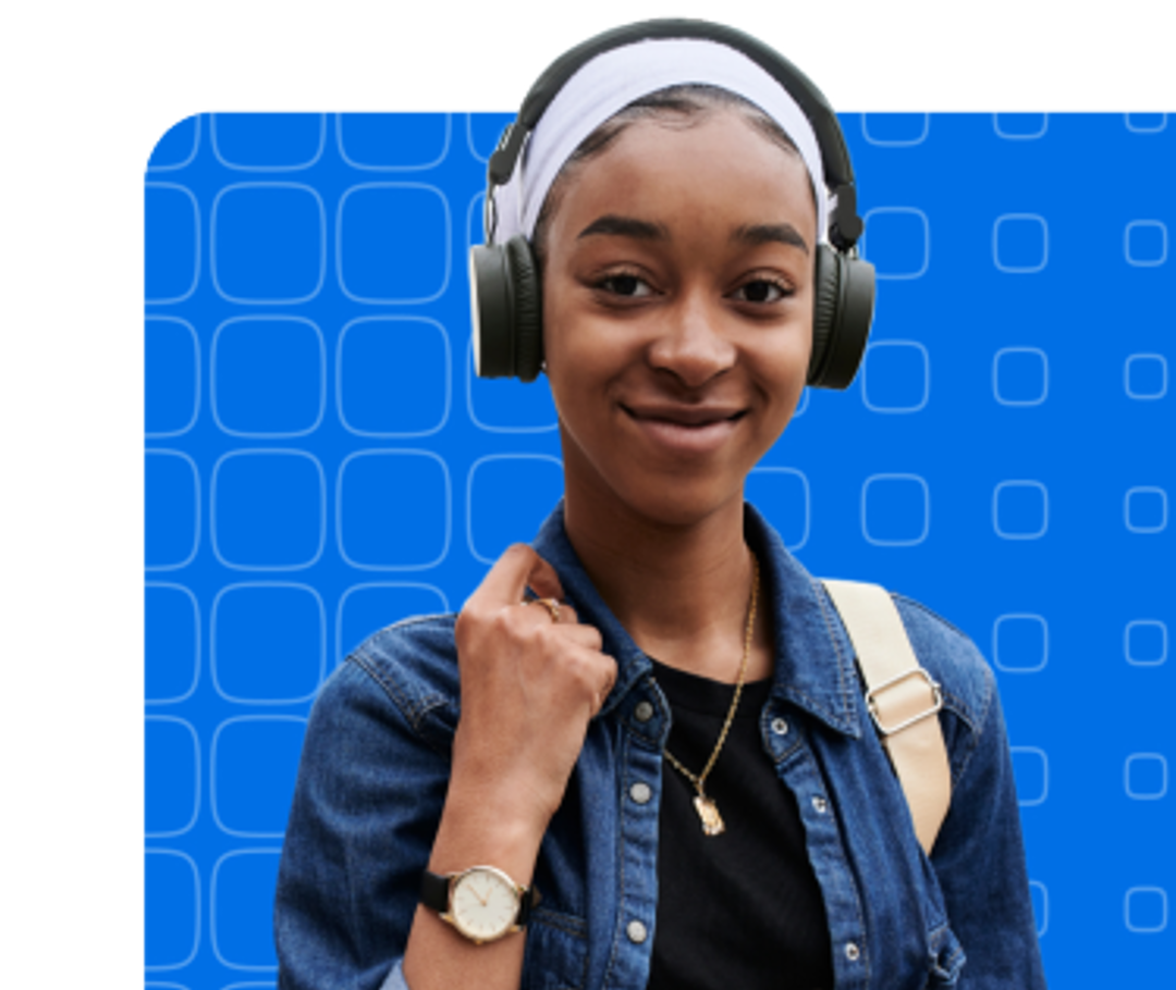 Girl wearing headphone holding a shoulder bag